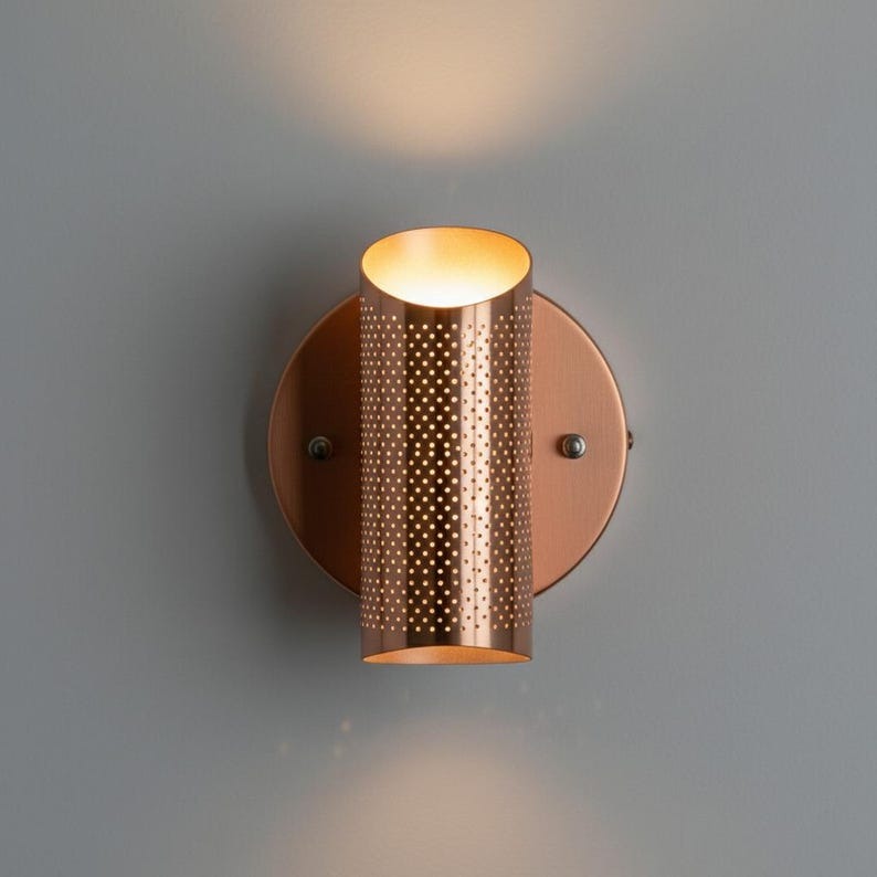Handmade Moroccan Brass Wall Sconce – Perforated Copper Brass Cylinder Wall Light with Up and Down Glow, Modern Boho Lamp for Bedroom, Hallway, Entryway & Living Room
