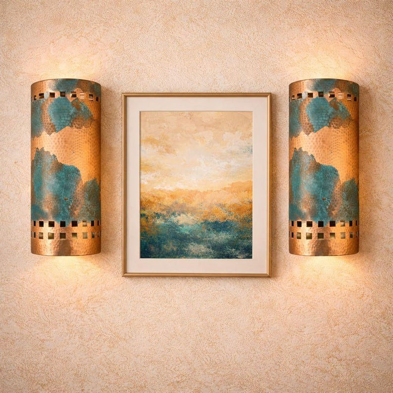 Handmade Moroccan Brass Wall Sconce – Copper & Turquoise Patina Cylinder Wall Light, Pierced Metal Accent Lamp for Living Room, Hallway & Bedroom