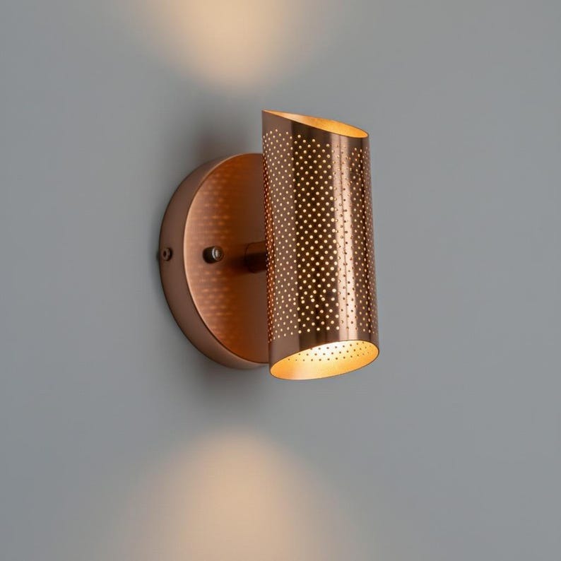 Handmade Moroccan Brass Wall Sconce – Perforated Copper Brass Cylinder Wall Light with Up and Down Glow, Modern Boho Lamp for Bedroom, Hallway, Entryway & Living Room
