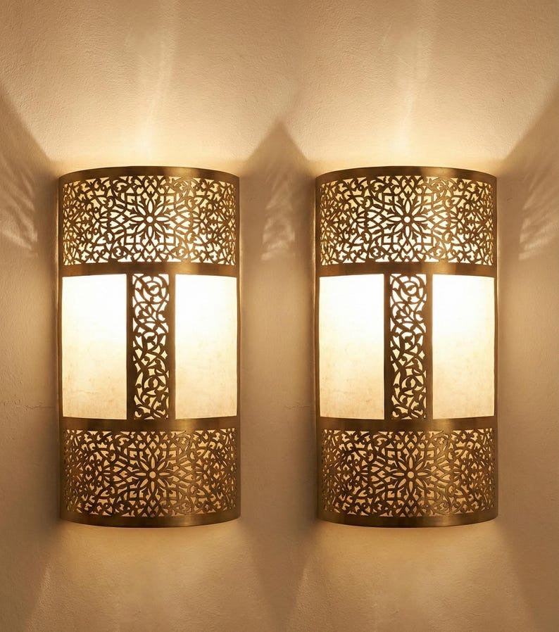 Handmade Moroccan Brass Wall Sconce – Pierced Geometric Cylinder Wall Light with Floral Arabesque Cutouts and Warm Ambient Glow for Bedroom, Hallway, Entryway & Living Room