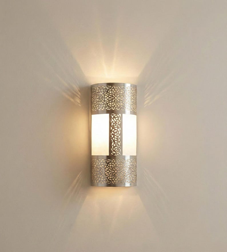 Handmade Moroccan Brass Wall Sconce – Pierced Geometric Cylinder Wall Light with Floral Arabesque Cutouts and Warm Ambient Glow for Bedroom, Hallway, Entryway & Living Room