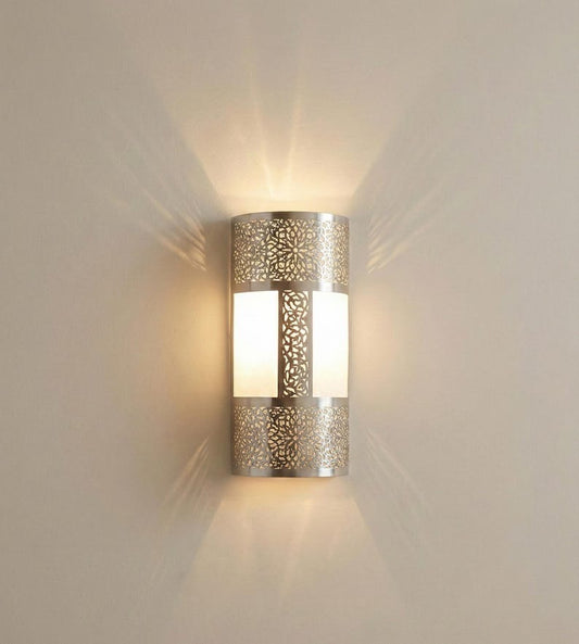 Handmade Moroccan Brass Wall Sconce – Pierced Geometric Cylinder Wall Light with Floral Arabesque Cutouts and Warm Ambient Glow for Bedroom, Hallway, Entryway & Living Room