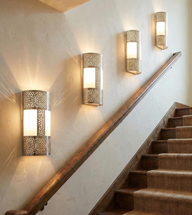 Handmade Moroccan Brass Wall Sconce – Pierced Geometric Cylinder Wall Light with Floral Arabesque Cutouts and Warm Ambient Glow for Bedroom, Hallway, Entryway & Living Room