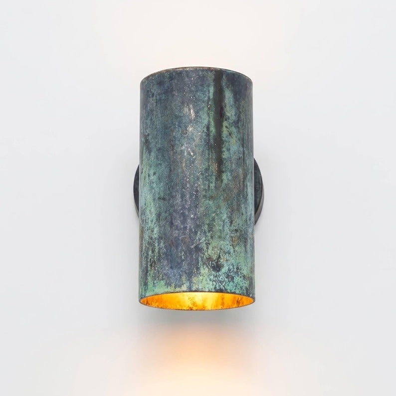 Handmade Moroccan Brass Cylinder Wall Sconce – Dark Green Verdigris Patina Up and Down Wall Light with Warm Gold Interior for Bedroom, Hallway, Entryway & Living Room