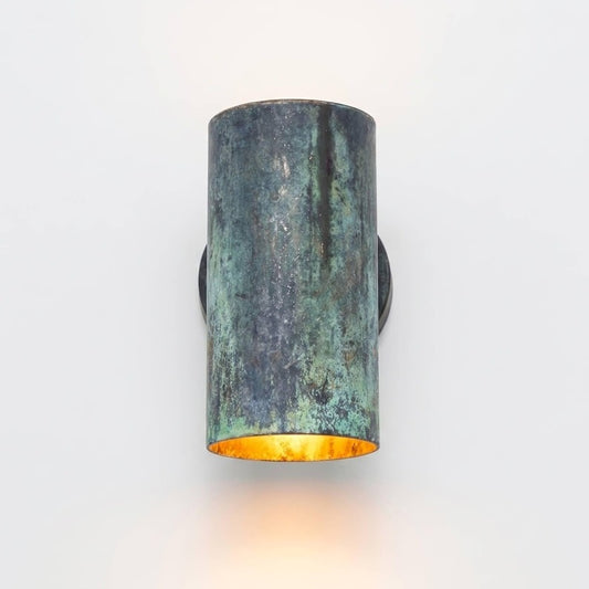 Handmade Moroccan Brass Cylinder Wall Sconce – Dark Green Verdigris Patina Up and Down Wall Light with Warm Gold Interior for Bedroom, Hallway, Entryway & Living Room