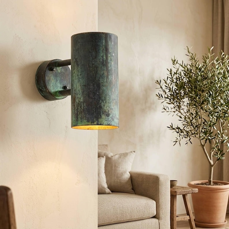 Handmade Moroccan Brass Cylinder Wall Sconce – Dark Green Verdigris Patina Up and Down Wall Light with Warm Gold Interior for Bedroom, Hallway, Entryway & Living Room