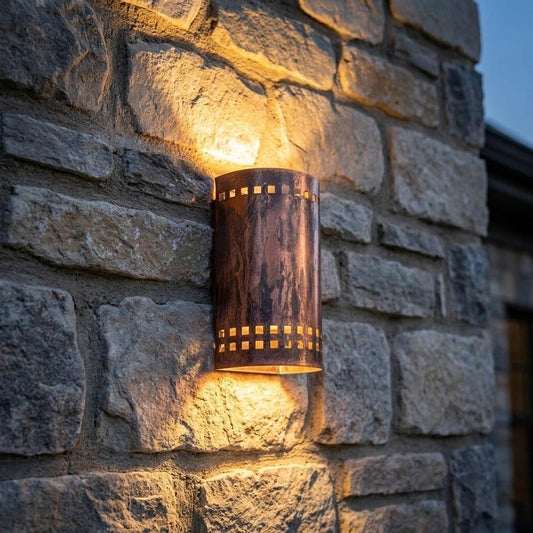 Handmade Moroccan Brass Cylinder Wall Sconce – Aged Copper Brass Wall Light with Geometric Square Cutouts, Rustic Up and Down Lamp for Hallway, Bedroom, Entryway & Living Room
