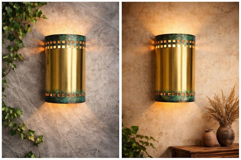 Verdigris Brass Cylinder Wall Sconce – Gold Moroccan Up & Down Light with Geometric Cutout Detail