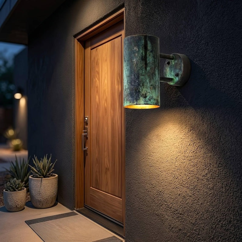 Handmade Moroccan Brass Cylinder Wall Sconce – Dark Green Verdigris Patina Up and Down Wall Light with Warm Gold Interior for Bedroom, Hallway, Entryway & Living Room