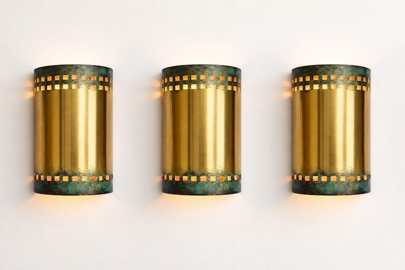 Verdigris Brass Cylinder Wall Sconce – Gold Moroccan Up & Down Light with Geometric Cutout Detail
