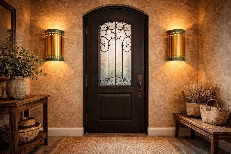 Verdigris Brass Cylinder Wall Sconce – Gold Moroccan Up & Down Light with Geometric Cutout Detail