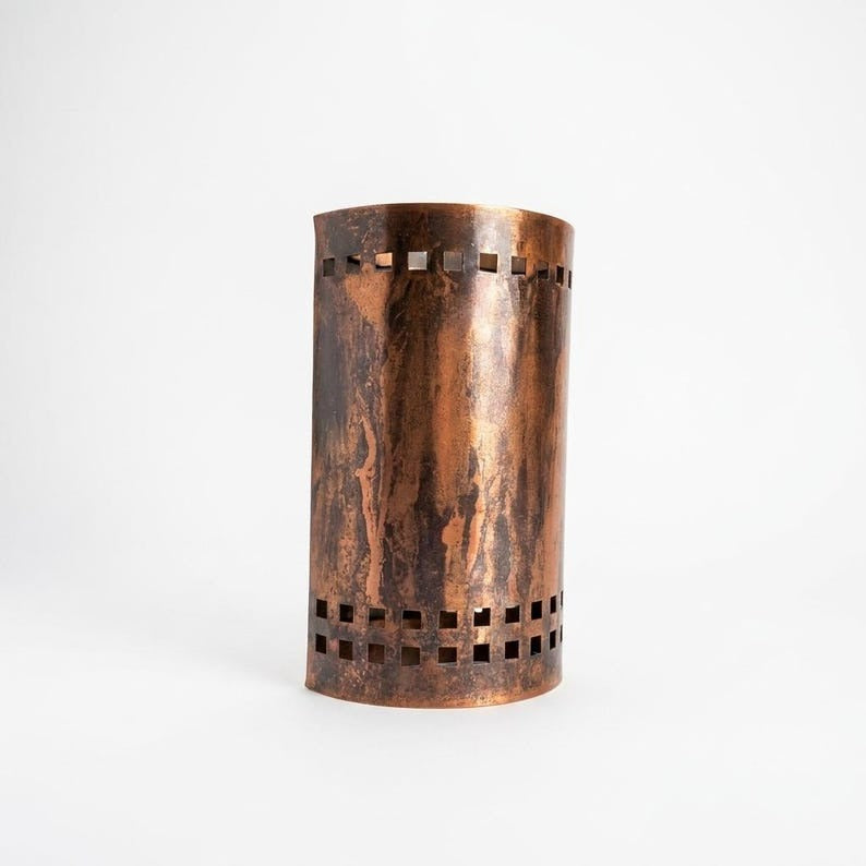 Handmade Moroccan Brass Cylinder Wall Sconce – Aged Copper Brass Wall Light with Geometric Square Cutouts, Rustic Up and Down Lamp for Hallway, Bedroom, Entryway & Living Room