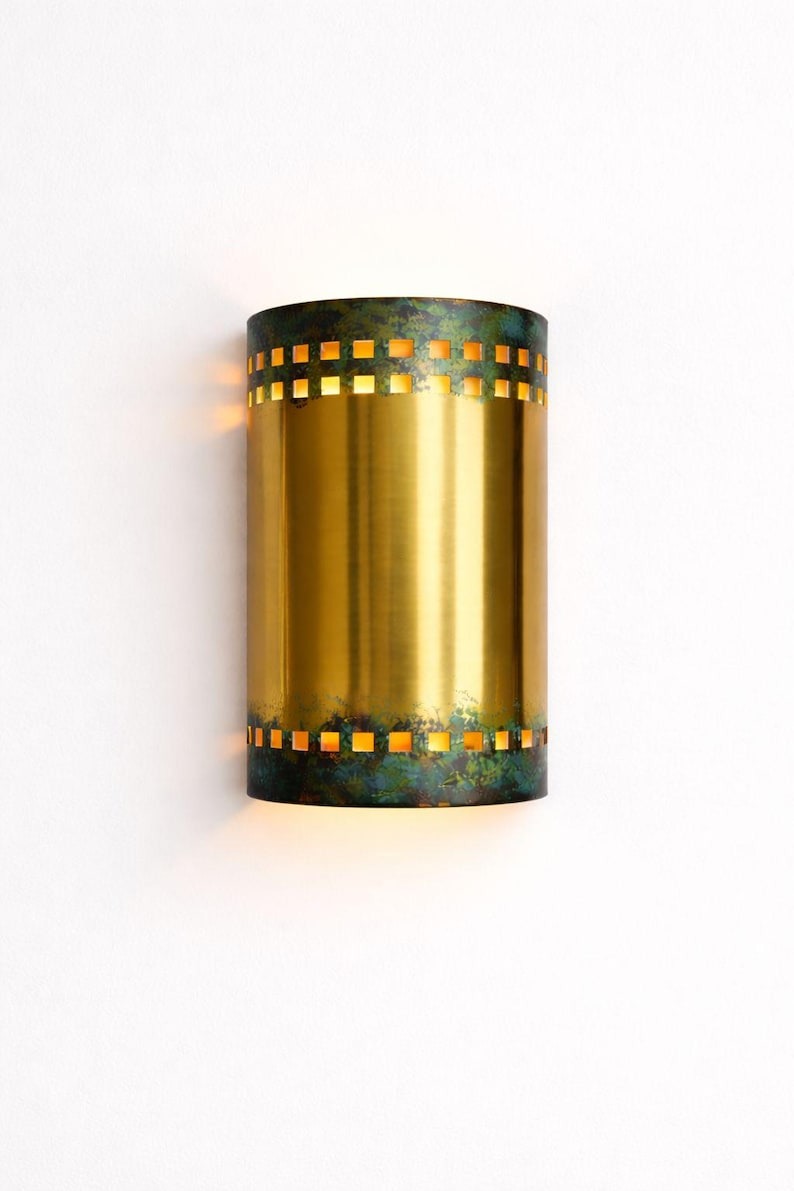 Verdigris Brass Cylinder Wall Sconce – Gold Moroccan Up & Down Light with Geometric Cutout Detail
