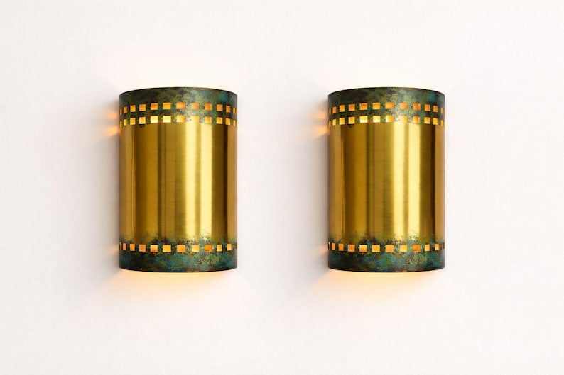Verdigris Brass Cylinder Wall Sconce – Gold Moroccan Up & Down Light with Geometric Cutout Detail