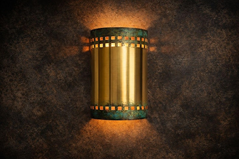 Verdigris Brass Cylinder Wall Sconce – Gold Moroccan Up & Down Light with Geometric Cutout Detail