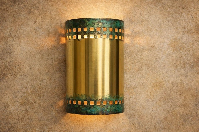 Verdigris Brass Cylinder Wall Sconce – Gold Moroccan Up & Down Light with Geometric Cutout Detail