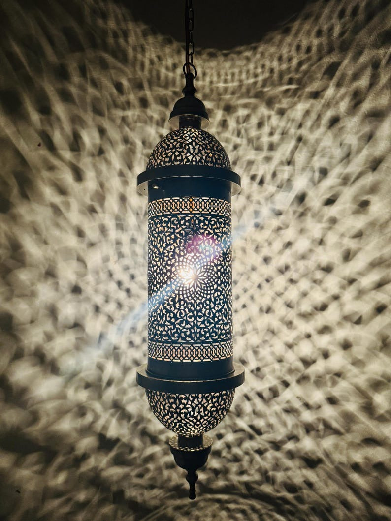 Moroccan Pierced Cylinder Lantern Pendant Light, Handmade Moorish Filigree Hanging Lamp, Boho Arabic Shadow Chandelier, Rustic Black Metal Ceiling Light Fixture