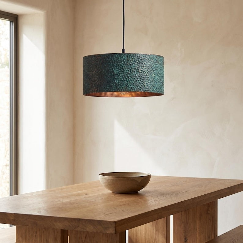 Handmade Hammered Brass Drum Pendant Light with Blue Patina – Moroccan Cylinder Hanging Lamp for Kitchen Island, Dining Room, Living Room & Modern Boho Decor