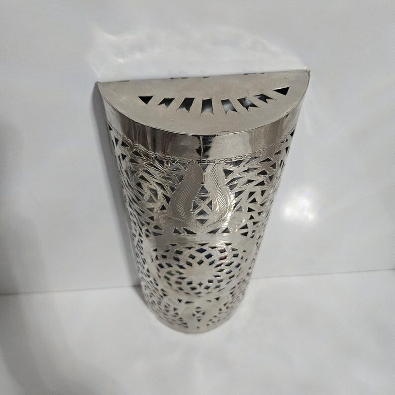 Handmade Moroccan Brass Wall Sconce – Pierced Cylinder Wall Light with Multicolor Mosaic Glass Accent, Moorish Geometric Bedroom & Living Room Lighting
