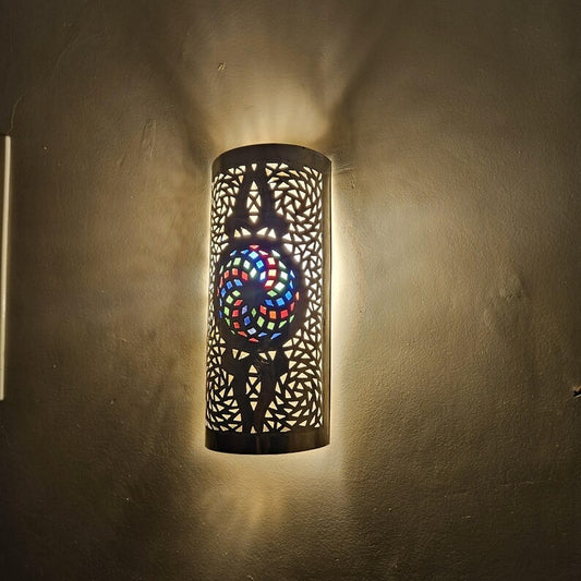 Handmade Moroccan Brass Wall Sconce – Pierced Cylinder Wall Light with Multicolor Mosaic Glass Accent, Moorish Geometric Bedroom & Living Room Lighting