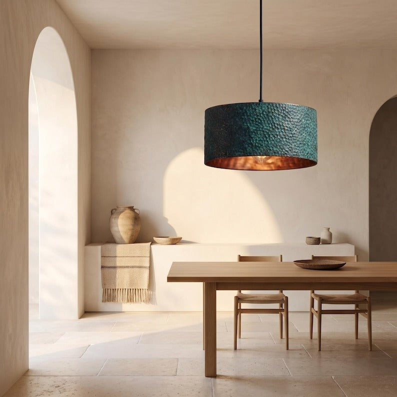 Handmade Hammered Brass Drum Pendant Light with Blue Patina – Moroccan Cylinder Hanging Lamp for Kitchen Island, Dining Room, Living Room & Modern Boho Decor