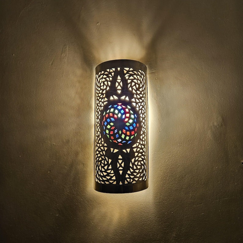 Handmade Moroccan Brass Wall Sconce – Pierced Cylinder Wall Light with Multicolor Mosaic Glass Accent, Moorish Geometric Bedroom & Living Room Lighting