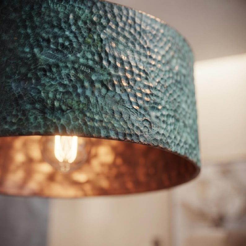 Handmade Hammered Brass Drum Pendant Light with Blue Patina – Moroccan Cylinder Hanging Lamp for Kitchen Island, Dining Room, Living Room & Modern Boho Decor