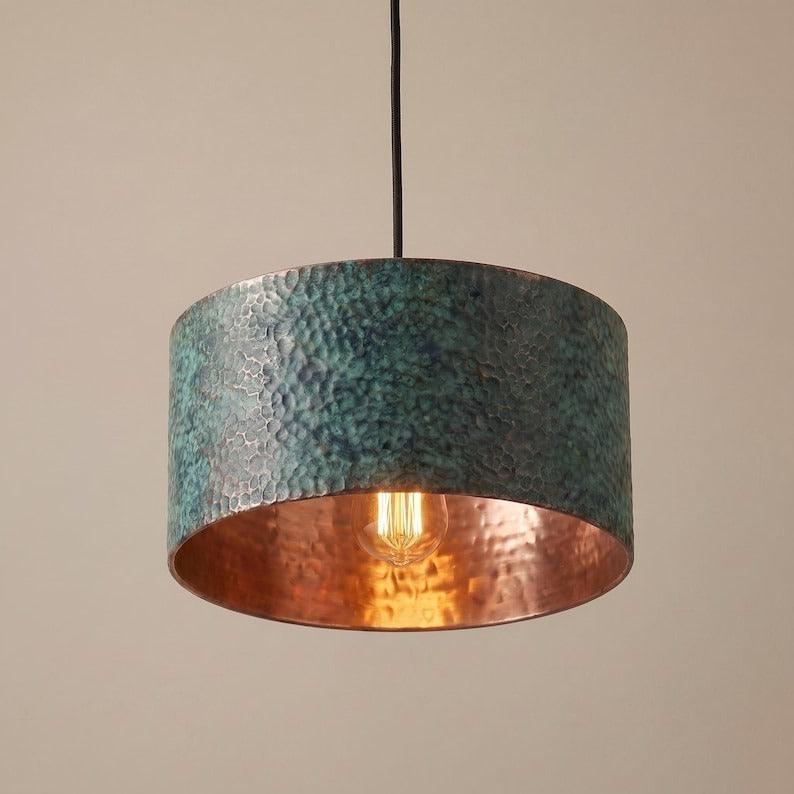 Handmade Hammered Brass Drum Pendant Light with Blue Patina – Moroccan Cylinder Hanging Lamp for Kitchen Island, Dining Room, Living Room & Modern Boho Decor