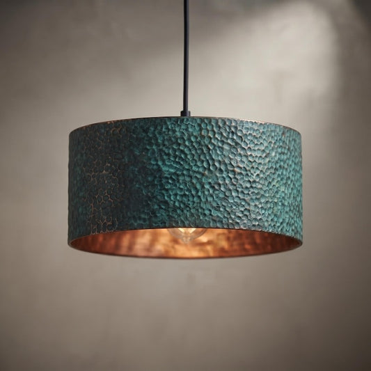 Handmade Hammered Brass Drum Pendant Light with Blue Patina – Moroccan Cylinder Hanging Lamp for Kitchen Island, Dining Room, Living Room & Modern Boho Decor