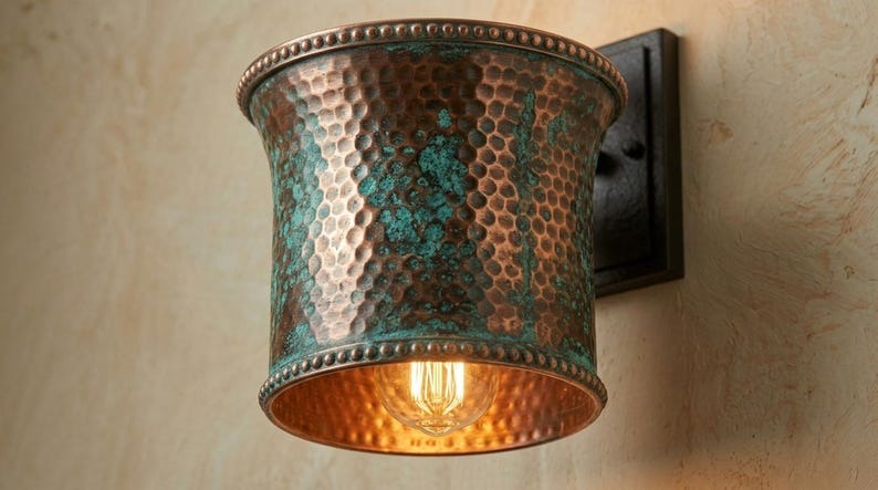 Handmade Brass Moroccan Wall Sconce – Verdigris Green Patina Hammered Brass Cylinder Wall Light, Rustic Boho Up Down Wall Lamp Fixture