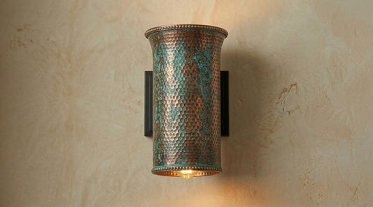 Handmade Brass Moroccan Wall Sconce – Verdigris Green Patina Hammered Brass Cylinder Wall Light, Rustic Boho Up Down Wall Lamp Fixture