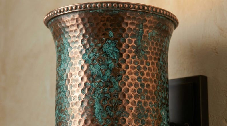 Handmade Brass Moroccan Wall Sconce – Verdigris Green Patina Hammered Brass Cylinder Wall Light, Rustic Boho Up Down Wall Lamp Fixture