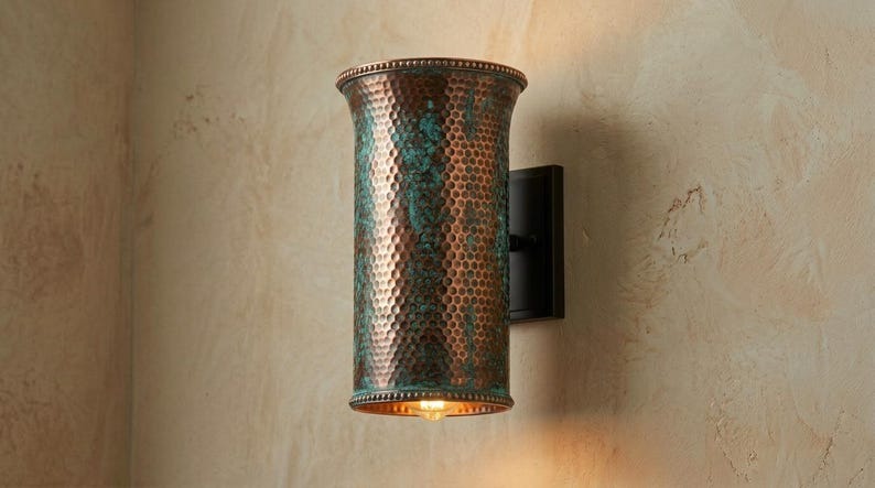 Handmade Brass Moroccan Wall Sconce – Verdigris Green Patina Hammered Brass Cylinder Wall Light, Rustic Boho Up Down Wall Lamp Fixture