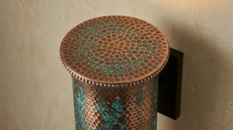 Handmade Brass Moroccan Wall Sconce – Verdigris Green Patina Hammered Brass Cylinder Wall Light, Rustic Boho Up Down Wall Lamp Fixture