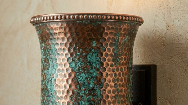 Handmade Brass Moroccan Wall Sconce – Verdigris Green Patina Hammered Brass Cylinder Wall Light, Rustic Boho Up Down Wall Lamp Fixture