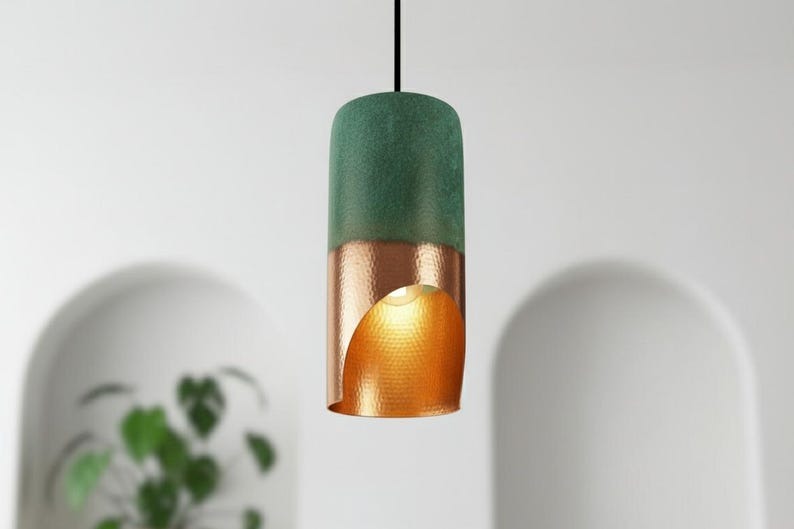 Handmade Moroccan Brass Cylinder Pendant Light – Green Patina & Hammered Copper Brass Hanging Lamp with Warm Gold Interior, Boho Mediterranean Ceiling Light for Kitchen Island, Dining Room, Bedroom & Entryway