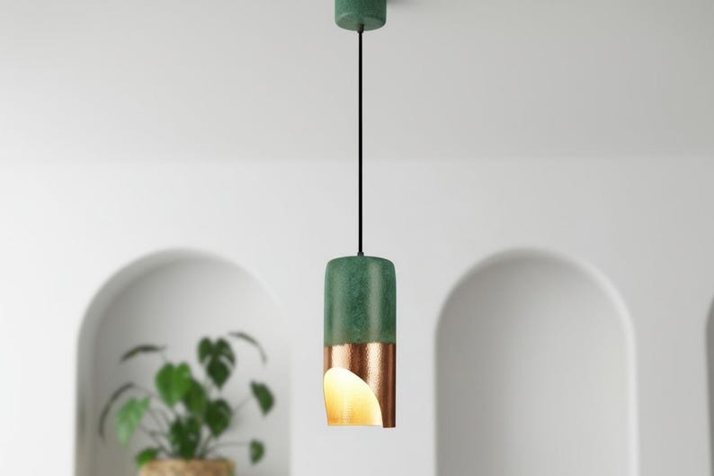 Handmade Moroccan Brass Cylinder Pendant Light – Green Patina & Hammered Copper Brass Hanging Lamp with Warm Gold Interior, Boho Mediterranean Ceiling Light for Kitchen Island, Dining Room, Bedroom & Entryway
