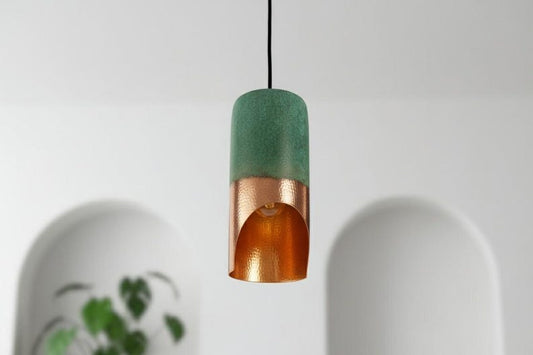 Handmade Moroccan Brass Cylinder Pendant Light – Green Patina & Hammered Copper Brass Hanging Lamp with Warm Gold Interior, Boho Mediterranean Ceiling Light for Kitchen Island, Dining Room, Bedroom & Entryway