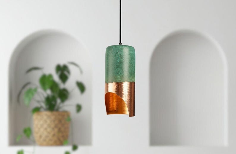 Handmade Moroccan Brass Cylinder Pendant Light – Green Patina & Hammered Copper Brass Hanging Lamp with Warm Gold Interior, Boho Mediterranean Ceiling Light for Kitchen Island, Dining Room, Bedroom & Entryway