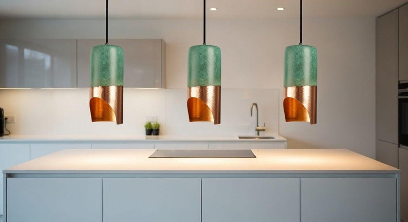 Handmade Moroccan Brass Cylinder Pendant Light – Green Patina & Hammered Copper Brass Hanging Lamp with Warm Gold Interior, Boho Mediterranean Ceiling Light for Kitchen Island, Dining Room, Bedroom & Entryway