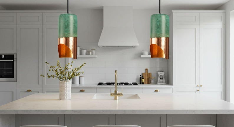 Handmade Moroccan Brass Cylinder Pendant Light – Green Patina & Hammered Copper Brass Hanging Lamp with Warm Gold Interior, Boho Mediterranean Ceiling Light for Kitchen Island, Dining Room, Bedroom & Entryway