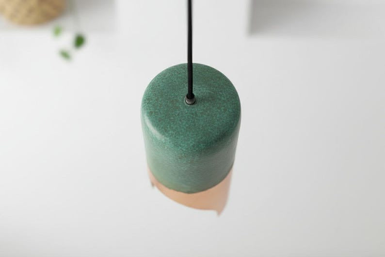 Handmade Moroccan Brass Cylinder Pendant Light – Green Patina & Hammered Copper Brass Hanging Lamp with Warm Gold Interior, Boho Mediterranean Ceiling Light for Kitchen Island, Dining Room, Bedroom & Entryway