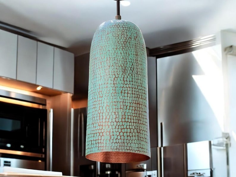 Handmade Moroccan Brass Pendant Light – Tall Capsule Ceiling Lamp with Mint Green Patina, Hammered Copper Interior & Modern Cylinder Design