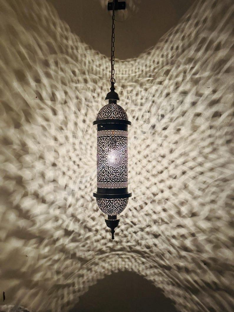 Moroccan Pierced Cylinder Lantern Pendant Light, Handmade Moorish Filigree Hanging Lamp, Boho Arabic Shadow Chandelier, Rustic Black Metal Ceiling Light Fixture