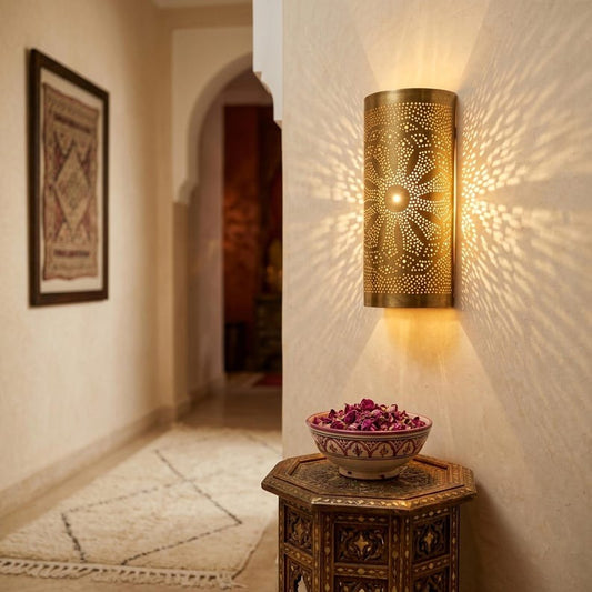 Handmade Moroccan Brass Wall Sconce – Pierced Antique Gold Brass Cylinder Wall Light with Sunburst Pattern, Boho Moorish Shadow Lamp for Hallway, Bedroom, Entryway & Living Room