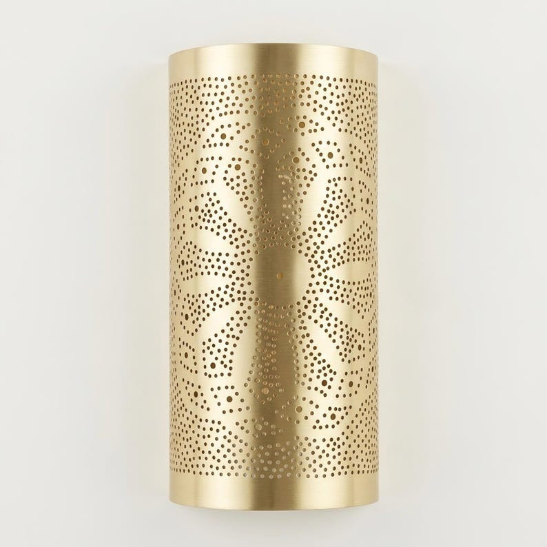 Handmade Moroccan Brass Wall Sconce – Pierced Antique Gold Brass Cylinder Wall Light with Sunburst Pattern, Boho Moorish Shadow Lamp for Hallway, Bedroom, Entryway & Living Room