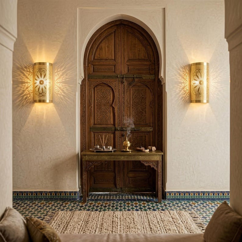 Handmade Moroccan Brass Wall Sconce – Pierced Antique Gold Brass Cylinder Wall Light with Sunburst Pattern, Boho Moorish Shadow Lamp for Hallway, Bedroom, Entryway & Living Room