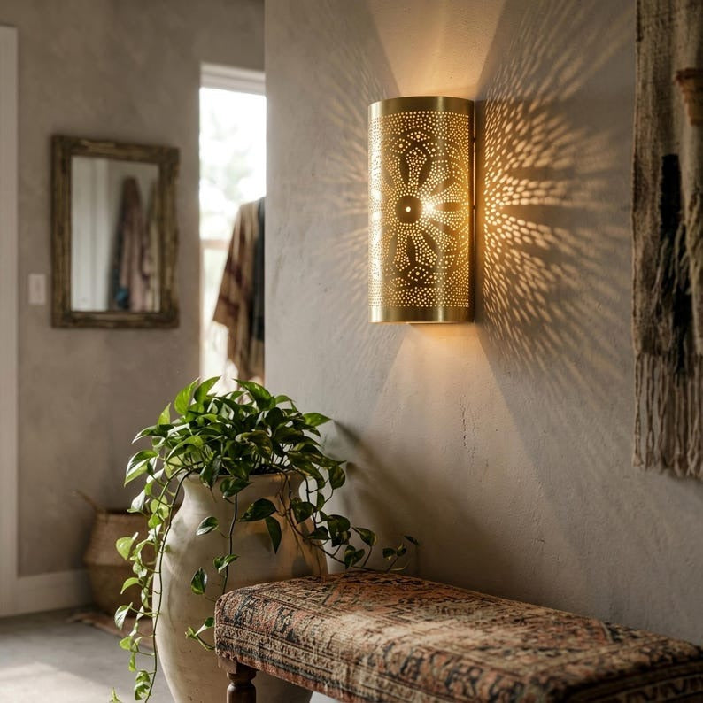 Handmade Moroccan Brass Wall Sconce – Pierced Antique Gold Brass Cylinder Wall Light with Sunburst Pattern, Boho Moorish Shadow Lamp for Hallway, Bedroom, Entryway & Living Room