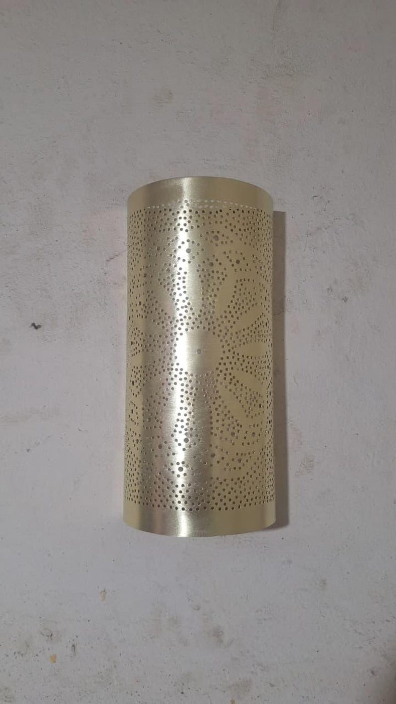 Handmade Moroccan Brass Wall Sconce – Pierced Antique Gold Brass Cylinder Wall Light with Sunburst Pattern, Boho Moorish Shadow Lamp for Hallway, Bedroom, Entryway & Living Room