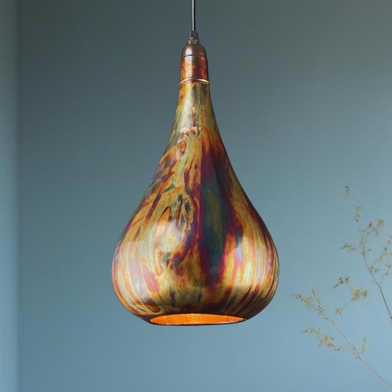 Set of 3 Handmade Moroccan Brass Pendant Lights – Multicolor Patina Teardrop Ceiling Lamps, Artisan Kitchen Island & Dining Room Lighting